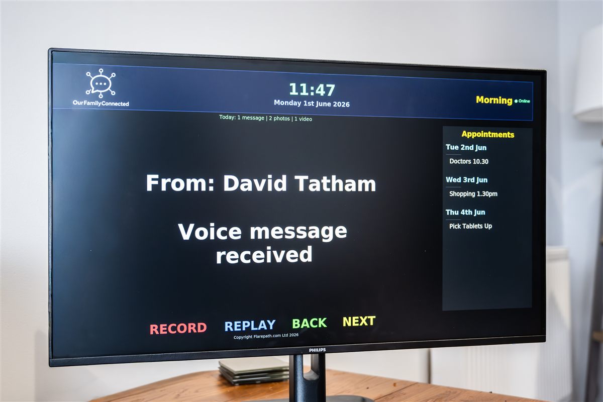OurFamilyConnected screen showing clock, messages and appointments